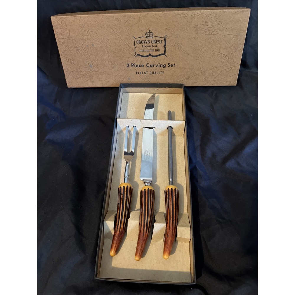 Sheffield Crown Crest Stainless Steel Carving Set Vintage VGUC Boxed Knife Fork